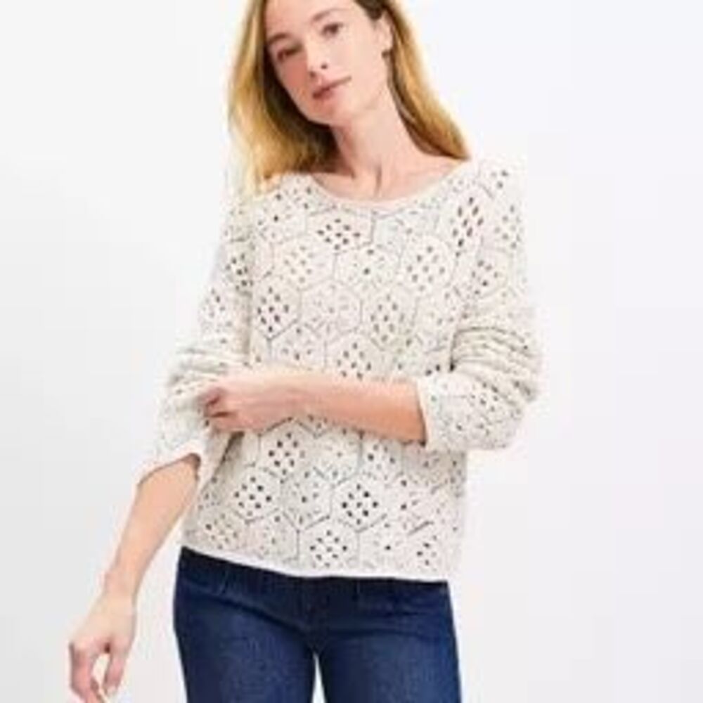 LOFT Women's Crochet Pointelle Knit Oversized Pullover Sweater Ivory XL NEW